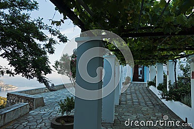 Viewpoint from a monastery on a hill over Skopelos town at sunrise, island of Skopelos Stock Photo