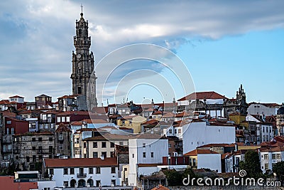 Viewpoint of the red clay rooftops and tower of the Clerigos Church Baroque style church with bell tower in Porto Portugal Stock Photo