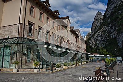 Views of the facade of the main building of the Balneario de La Hermida Editorial Stock Photo