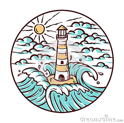 Views of lighthouse and waves illustration Vector Illustration