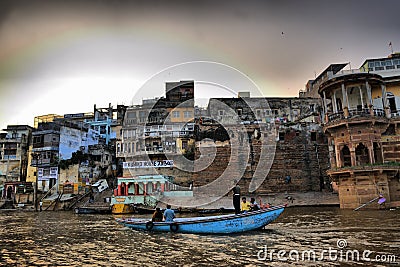 Views of the main monuments and points of interest in Benares (India). Holy River Ganges. Ghats. cremations Editorial Stock Photo