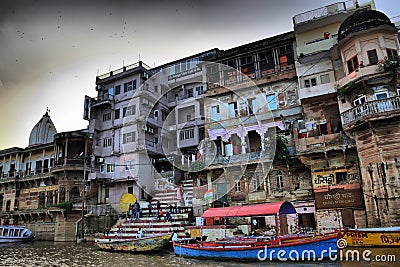 Views of the main monuments and points of interest in Benares (India). Holy River Ganges. Ghats. cremations Editorial Stock Photo