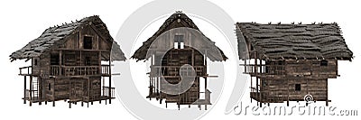 3 views of a medieval house built of wood. 3D rendering isolated on white background Cartoon Illustration