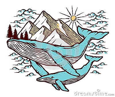 Views of mountains and whales vector illustration Vector Illustration