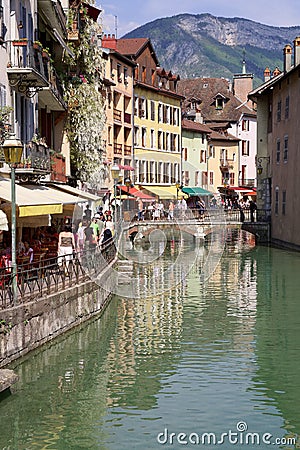 Annecy, France. Views of the crowded town and bridges. Editorial Stock Photo