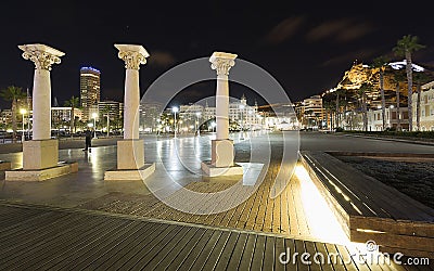 Views of the promenade of the city of Alicante at night. Editorial Stock Photo