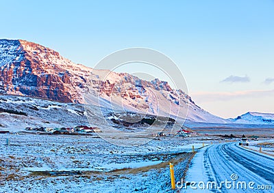 Views from the Ring Road Route 1 at sunrise between Hof and Jokulsarlon. South of Iceland Stock Photo