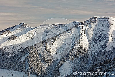 Views of snowy Schoener Mann massif from Schwarzenberg Stock Photo