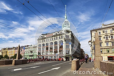 Views of St. Petersburg with the building of the trading house Esders and Schieifals from the Red bridge through Moyka river, Sain Editorial Stock Photo