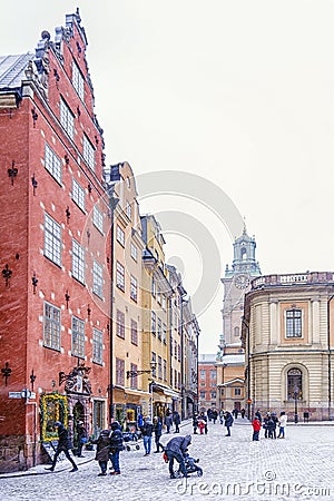 Views of Stortorget Square during a snowstorm . Stockholm, Swede Stock Photo