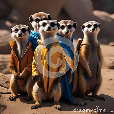 A vigilant meerkat in a team of superhero animals, standing together to face danger3 Stock Photo