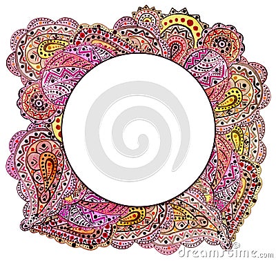 Vignette with Watercolor Indian Bright Pink Paisley Stock Photo