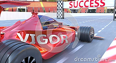 Vigor and success - pictured as word Vigor and a f1 car, to symbolize that Vigor can help achieving success and prosperity in life Cartoon Illustration