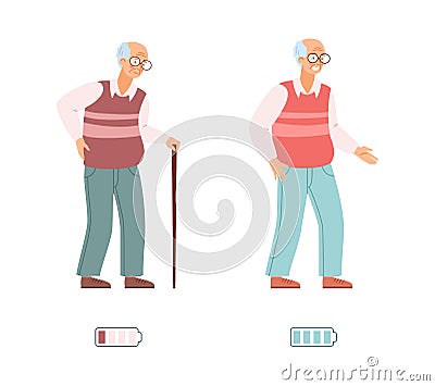 Vigorous energetic and tired exhausted old man vector illustration isolated. Vector Illustration