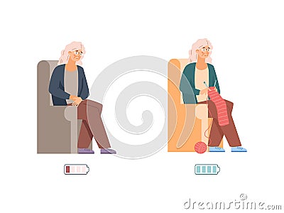 Vigorous and tired elderly with power indicator, vector illustration isolated. Vector Illustration