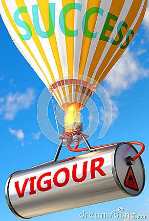 Vigour and success - pictured as word Vigour and a balloon, to symbolize that Vigour can help achieving success and prosperity in Cartoon Illustration
