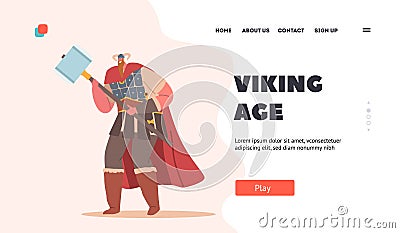 Viking Age Landing Page Template. Barbarian Male Character with Long Beard Wearing Horned Helmet, Boots and Cape Vector Illustration