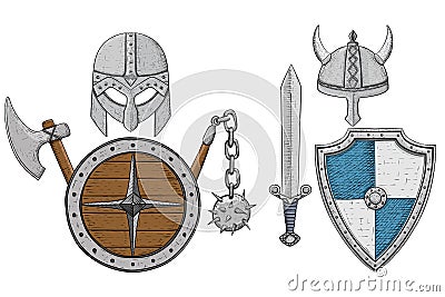 Viking armor set - helmets, shields and sword, axe. Colored hand drawn sketch Vector Illustration