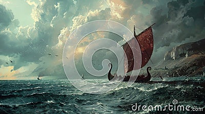 Viking Arrival: Majestic Painting of Ship Landing on British Shores Stock Photo