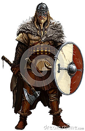 Viking with ax and shield on white. Stock Photo