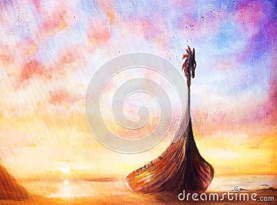 Viking Boat on the beach, painting on canvas, Boat with wood dragon Stock Photo