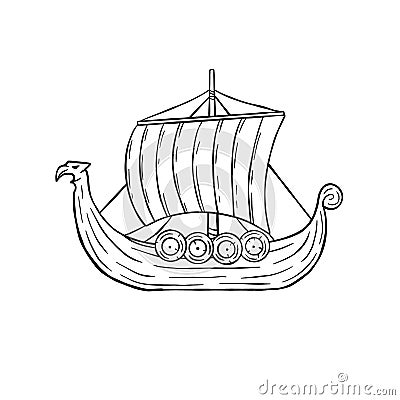 Viking boat. Nordic Drakkar, Swedish warship. Longship with oars Vector Illustration