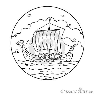 Viking boat at sea. Nordic Drakkar Vector Illustration