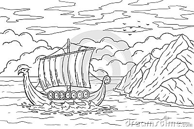 Viking boat at sea. Nordic Drakkar, Swedish warship. Longship with oars. Cartoon scandinavian sailboat for coloring book Vector Illustration