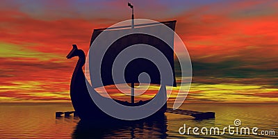 Viking Boat with Oars Sunrise Stock Photo