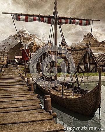 Viking boat in a village Stock Photo