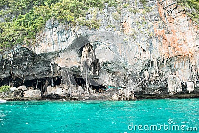 Viking cave where bird's nests (swallow) collected. Phi-Phi Leh island, Thailand. Stock Photo