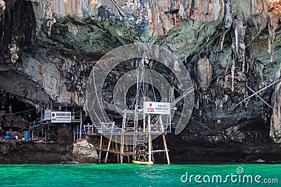 Viking caves on Phi Phi Le island in the Andaman Sea with pirates hiding treasures. Travel and excursions in Thailand Phuket Editorial Stock Photo