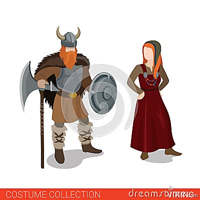 Viking couple flat 3d isometric costume collection Vector Illustration