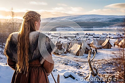 Viking cute girl snow settlement. Generate Ai Stock Photo