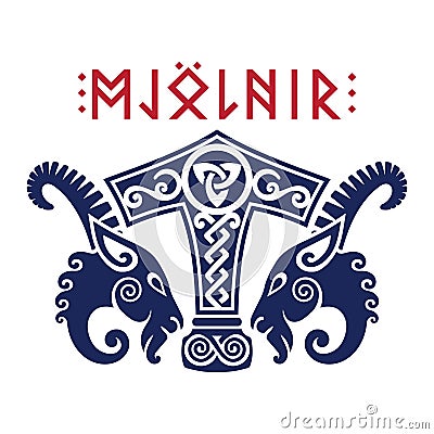 Viking Design. Ancient Scandinavian depiction of the Hammer of Thor and the head of the Two Goats Vector Illustration
