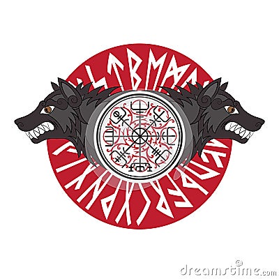 Viking design. Magical runic compass Vegvisir, in the circle of Norse runes and wolves of Odin - Geri and Freki Vector Illustration