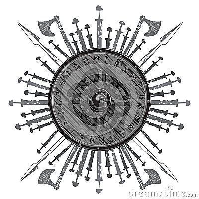 Viking design. The shield of a Viking with runes, battle axes, swords and spears Vector Illustration