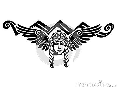 Viking Design. Valkyrie in a winged helmet. Image of Valkyrie, a woman warrior from Scandinavian mythology Vector Illustration