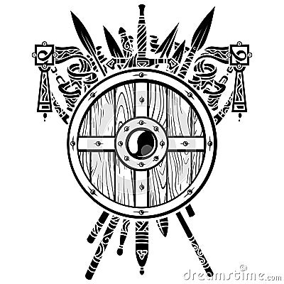 Viking design. Viking shield and swords. Set of medieval weapons, swords and spears of warriors Vector Illustration