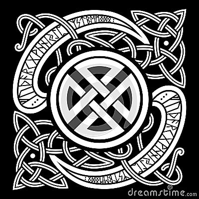 Viking, design. Vintage pattern and Norse runes. Illustration in the Scandinavian Celtic style Vector Illustration