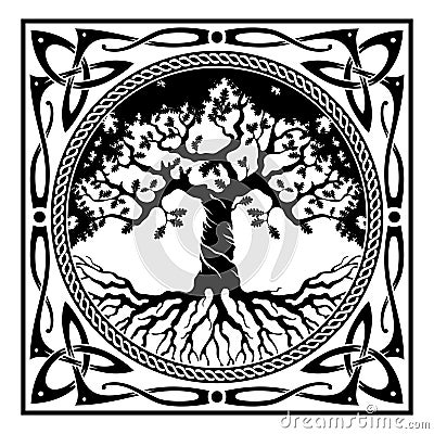 Viking design. World Tree from Scandinavian mythology - Yggdrasil and Celtic pattern, frame. Drawn in Old Norse Celtic Vector Illustration