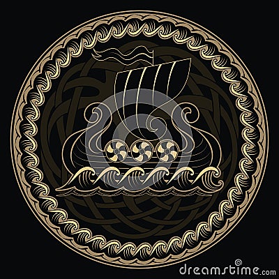 Viking Drakkar. Drakkar ship sailing on the stormy sea and mythical tree Yggdrasil Vector Illustration