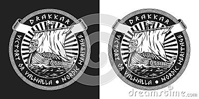 Viking drakkar ship vintage round label Vector Illustration