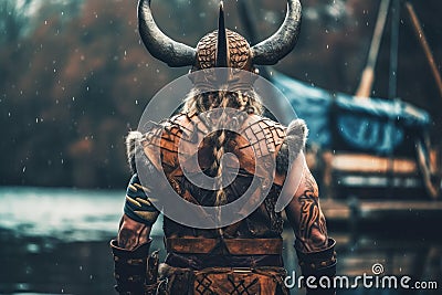 Viking drakkar view. Generate Ai Stock Photo