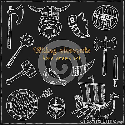 Viking elements. Hand drawn doodle set. Sketches. Vector illustration for design and packages product. Vector Illustration