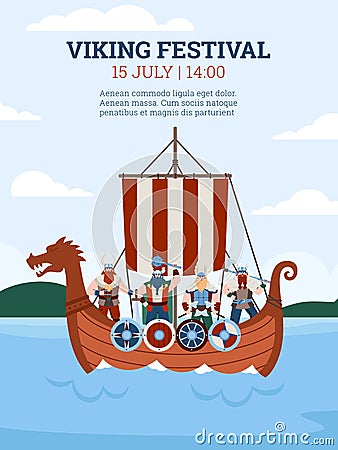 Viking festival poster with warriors in drakkar boat, flat vector illustration. Vector Illustration