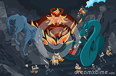 Viking gods, norse mythology people and monsters cartoon characters, fight scene vector illustration Vector Illustration