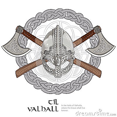 Viking helmet, crossed viking axes and in a wreath of Scandinavian pattern Vector Illustration