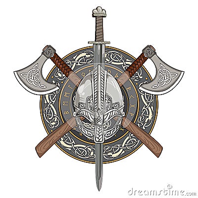 Viking helmet, crossed viking axes and in a wreath of Scandinavian pattern and viking shield Vector Illustration