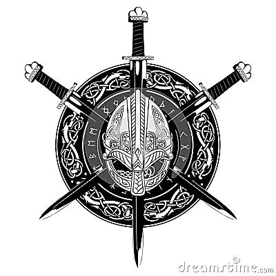 Viking helmet, crossed viking sword and in a wreath of Scandinavian pattern and viking shield Vector Illustration